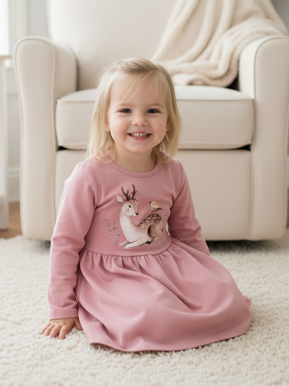 Girls' DEER and BIRD long-sleeved dress