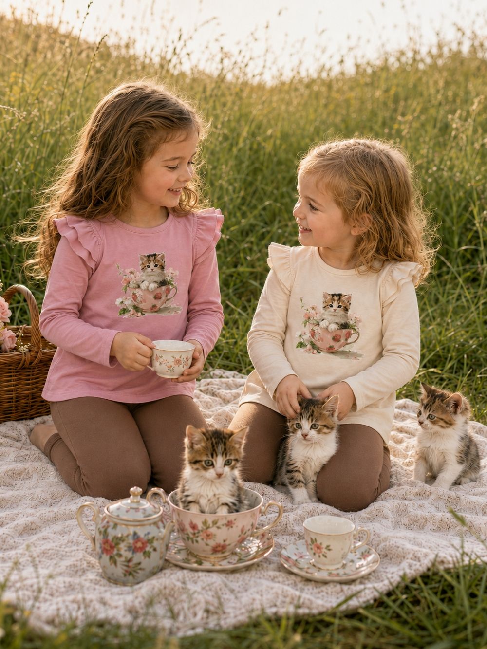 Girls' long-sleeved T-shirt CAT and CUP