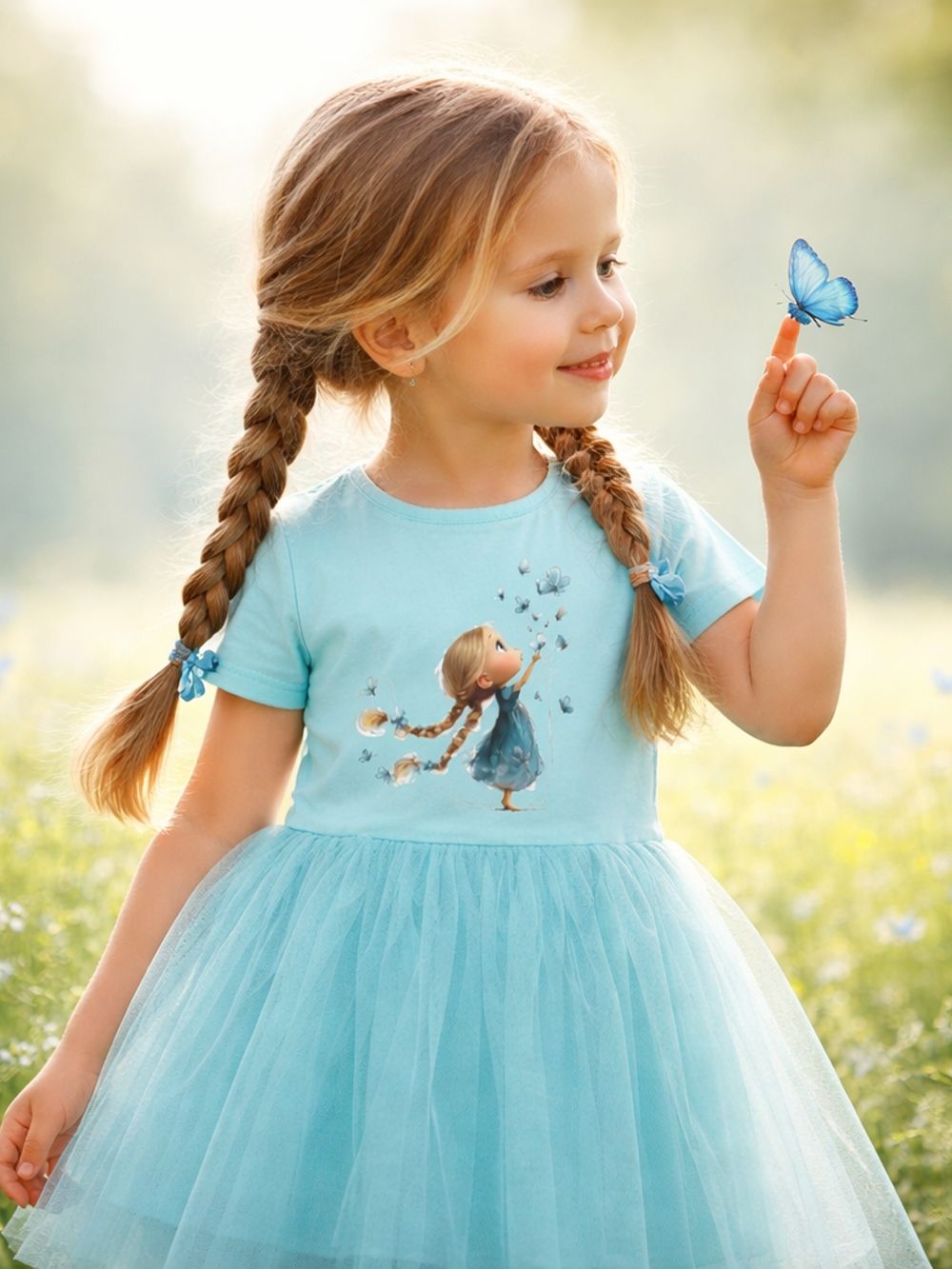 Girls' tulle dress with short sleeves GIRL and BUTTERFLIES