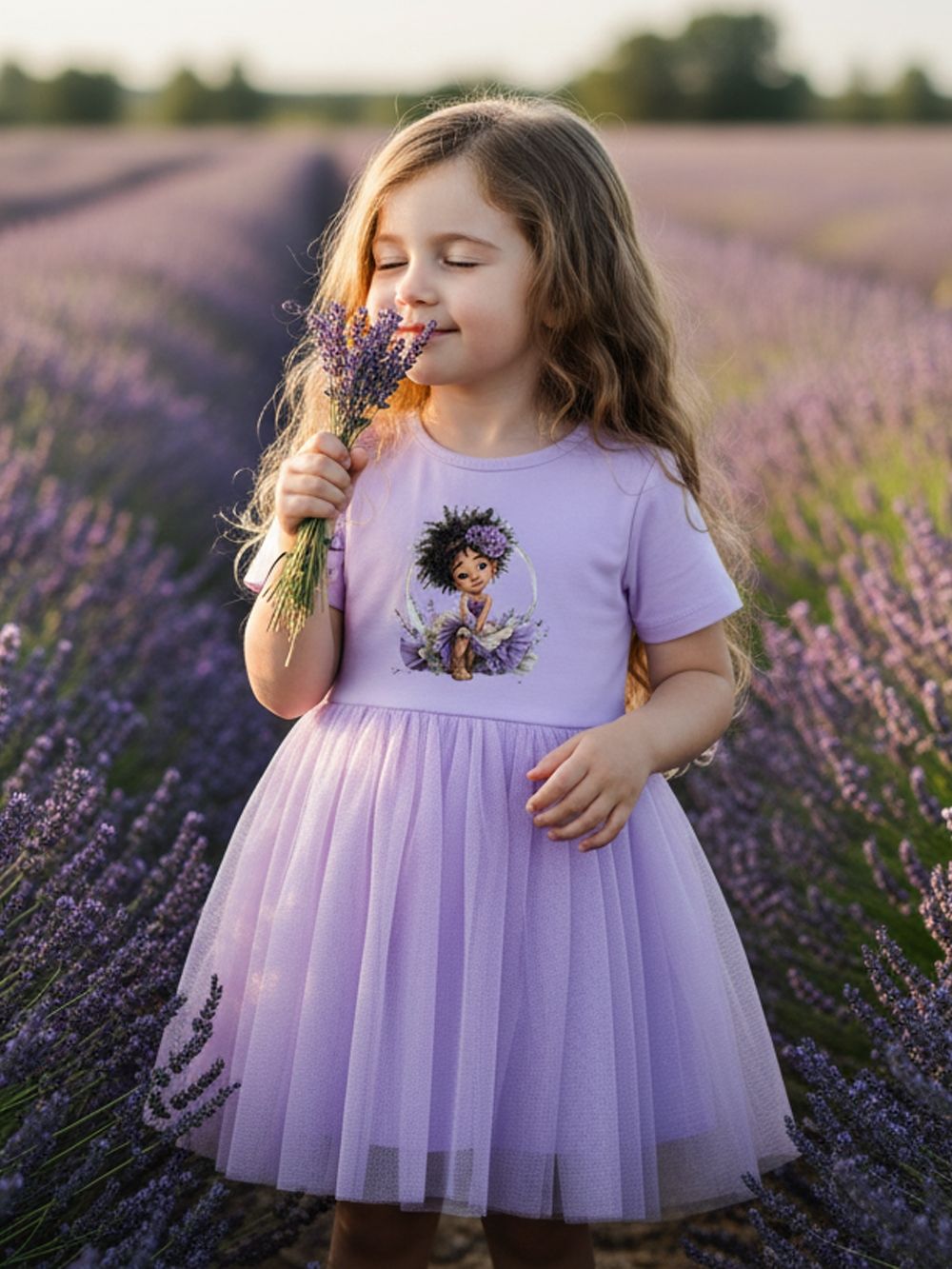 Girls' tulle dress with short sleeves GIRL and LAVENDER