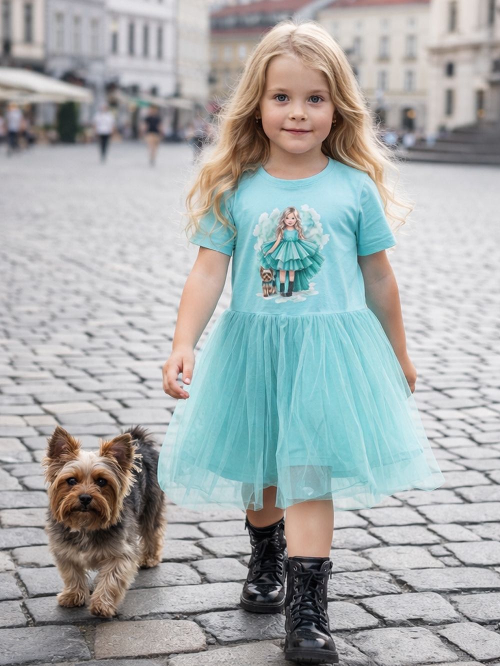 Girls' tulle dress with short sleeves GIRL IN TURQUOIS