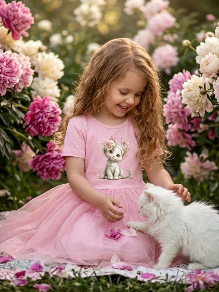 Girls' tulle dress with short sleeves SWEET CAT